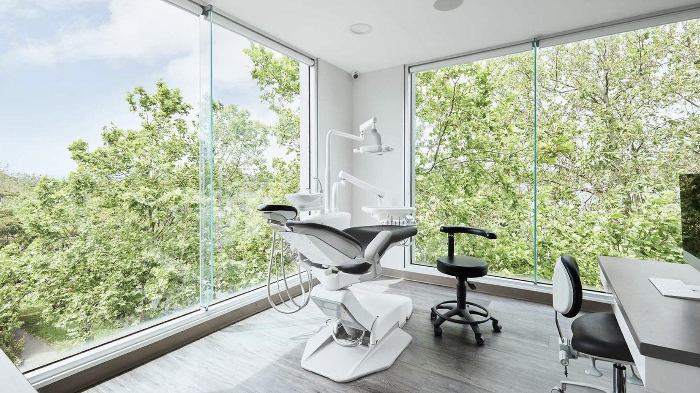 Treatment room — The fourth wall is glass onto the hillside.